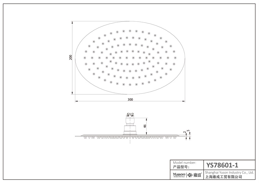 YS78601-1 SUS304 ultratenká 2 mm sprchová hlavica, dažďová sprcha;